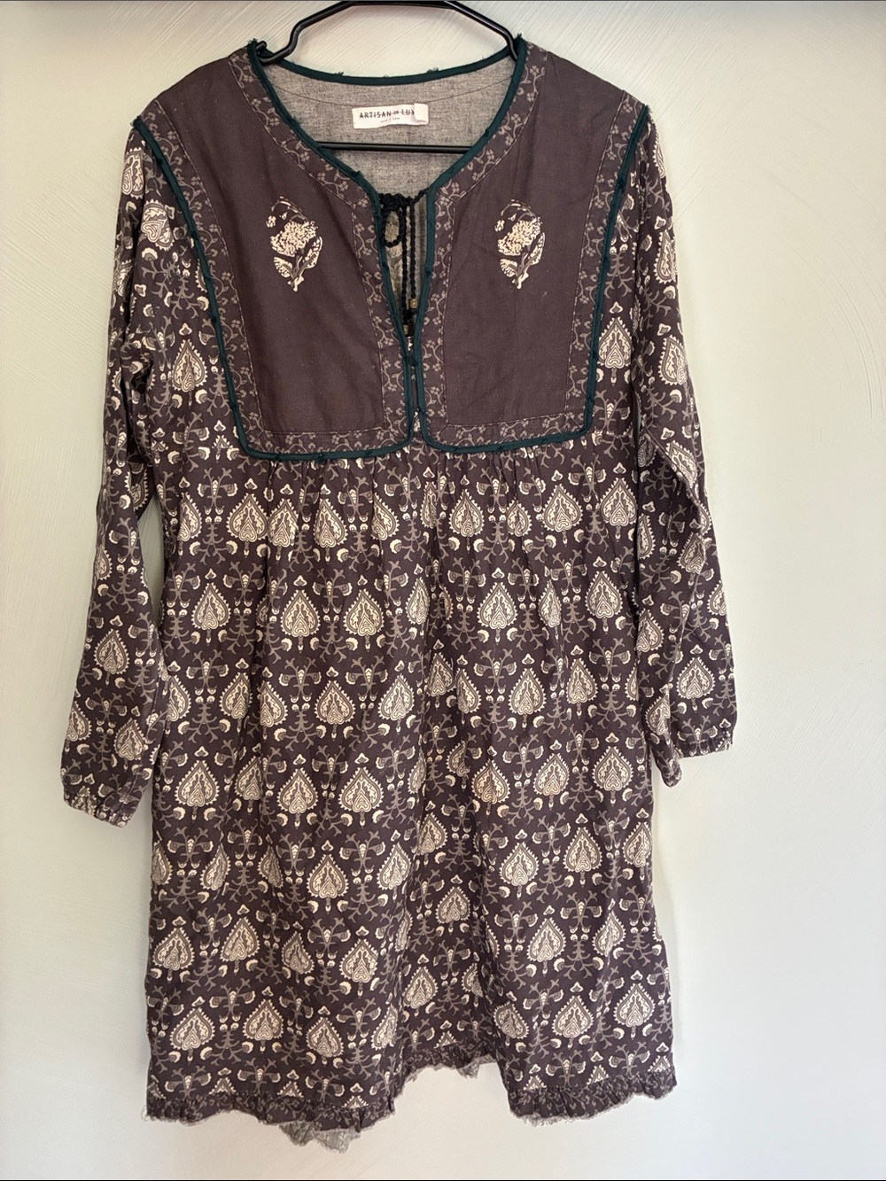 RARE Artisan de Luxe Long-Sleeve Printed Boho Cotton Dress in Brown and Cream L